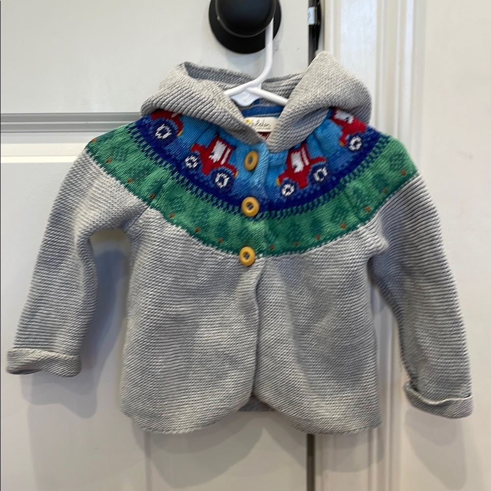 Baby Boden 12-18 Months Gray Hooded Kids Jacket with Tractor Design